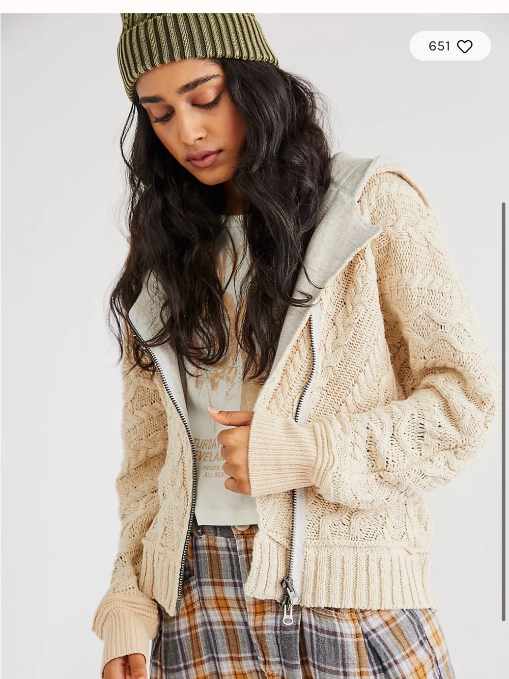 Free People Cream Cable Knit Zip-Up Cardigan with Hoodie